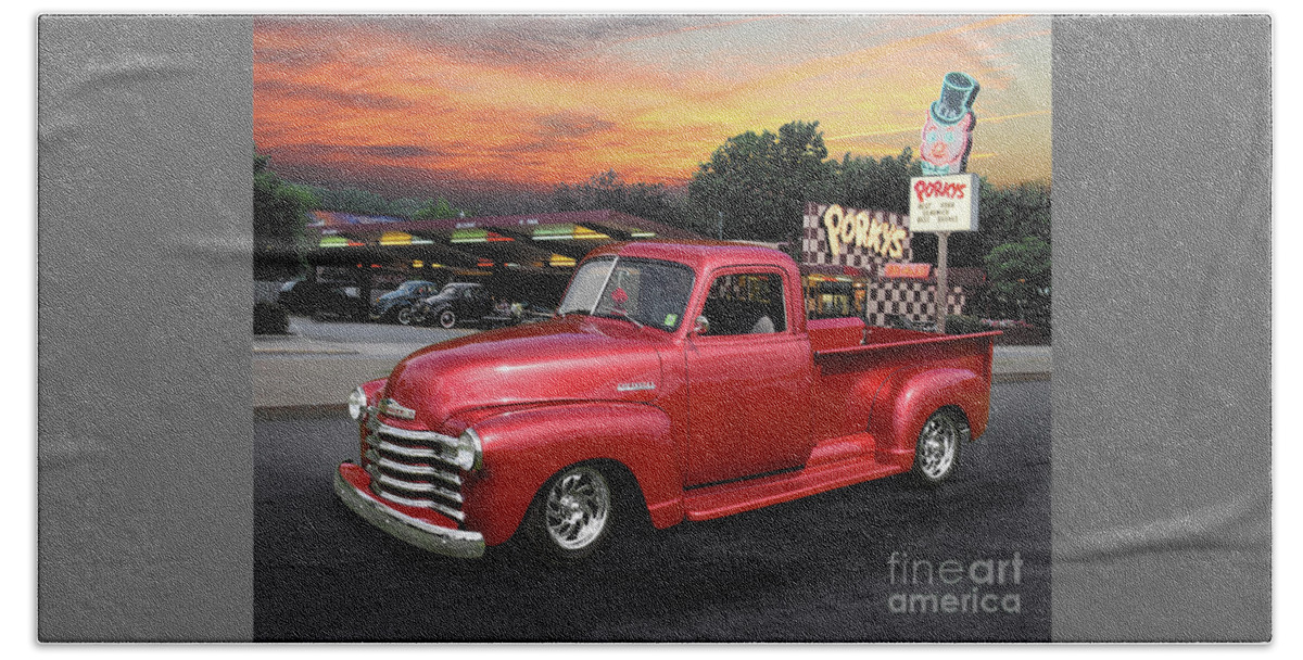 1949 Beach Towel featuring the photograph 1949 Chevy Pickup at Porky's Drive-In by Ron Long