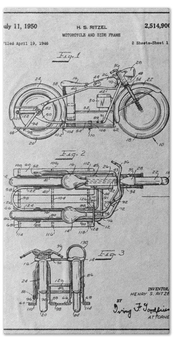 1950 Ritzel Motorcycle Patent Print Beach Towel featuring the drawing 1950 Ritzel Motorcycle Patent Print Gray by Greg Edwards