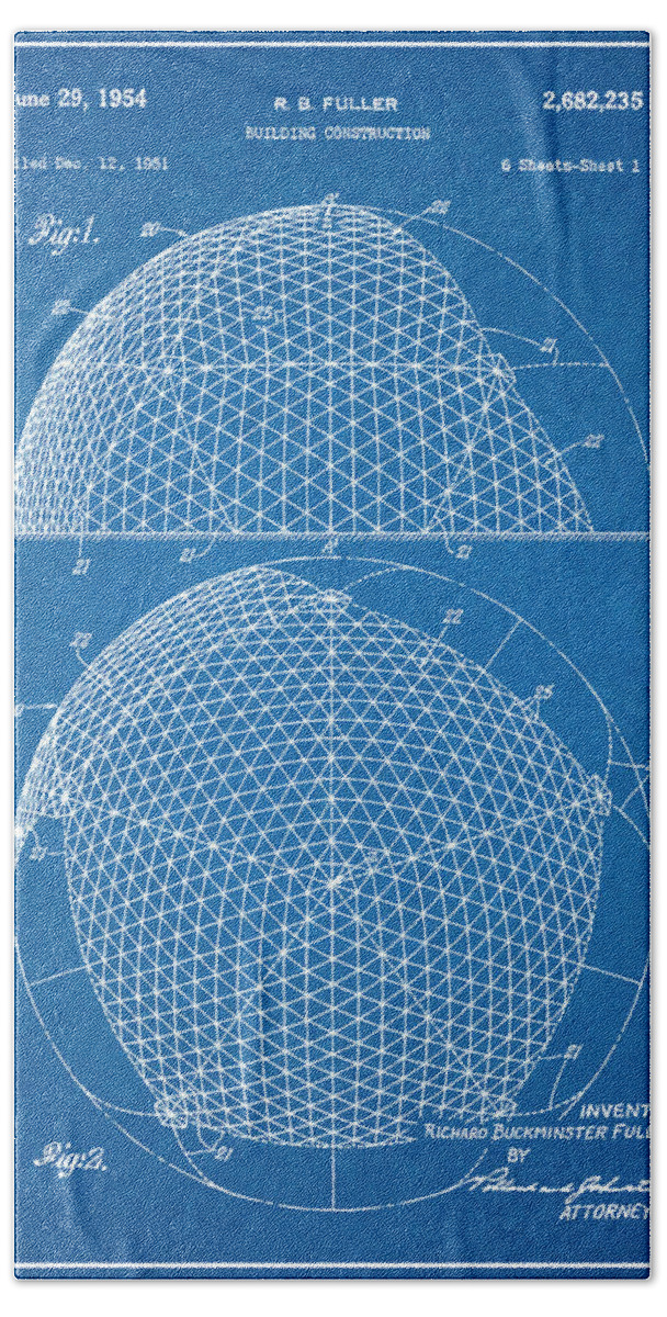 1954 Geodesic Dome Patent Print Beach Towel featuring the drawing 1954 Geodesic Dome Blueprint Patent Print by Greg Edwards