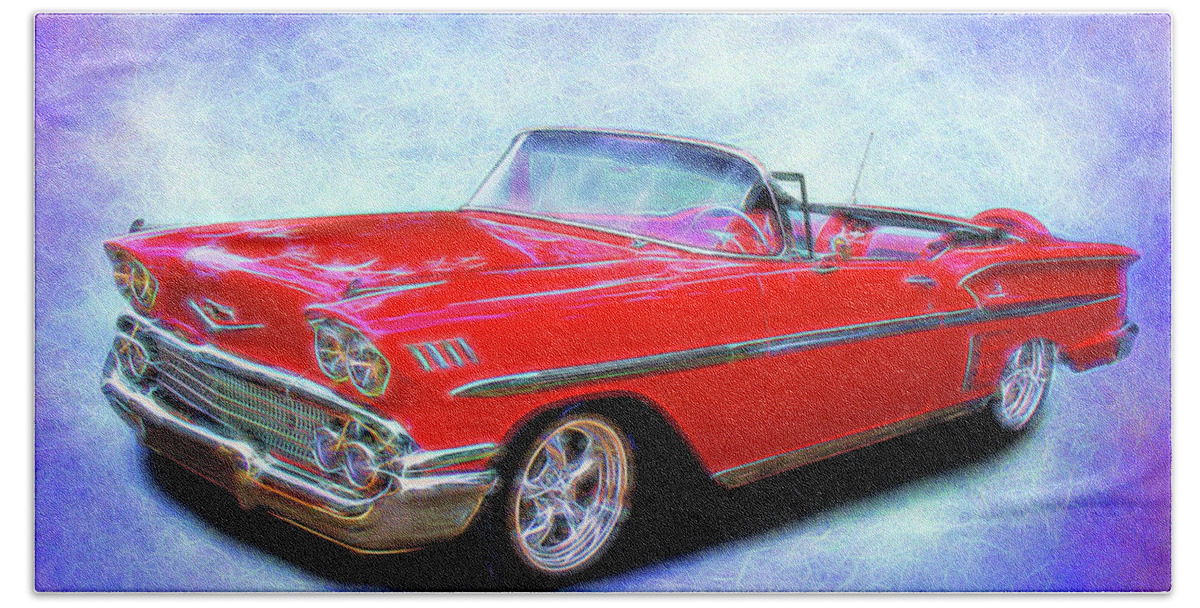 1958 Chevy Red Beach Towel featuring the digital art 1958 Red Chevy Convertable by Rick Wicker
