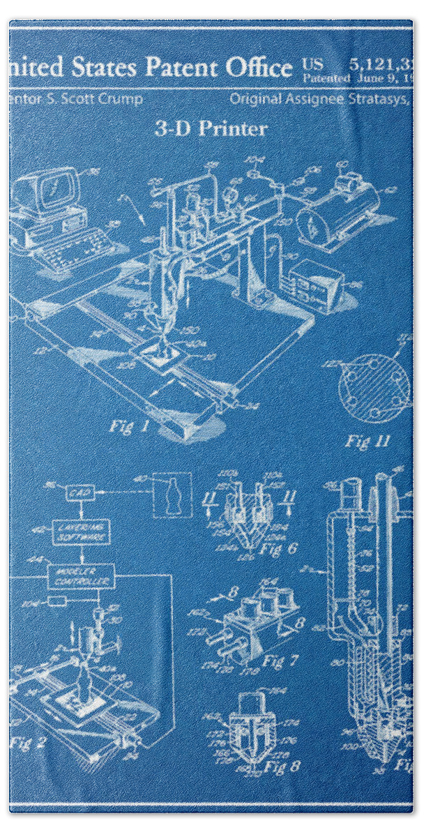 3d Printer Beach Towel featuring the drawing 1992 3D Printer Patent Print Blueprint by Greg Edwards