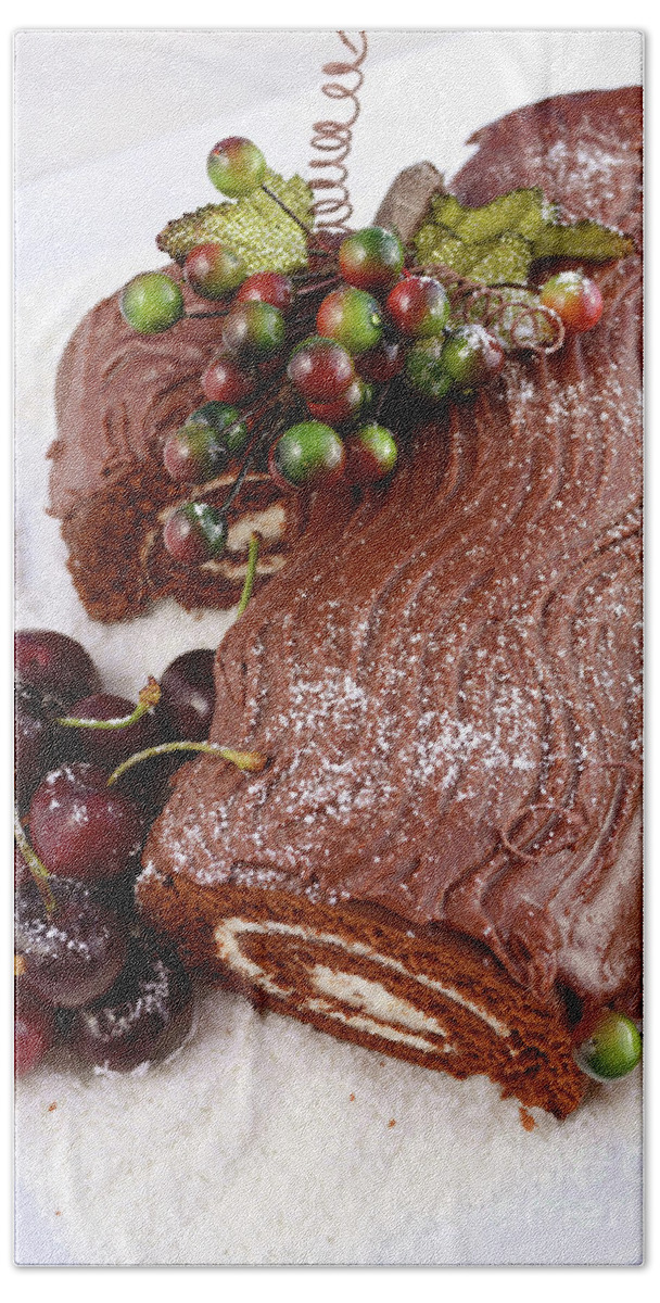 Blue Beach Towel featuring the photograph Christmas Yule Log Cake. #2 by Milleflore Images