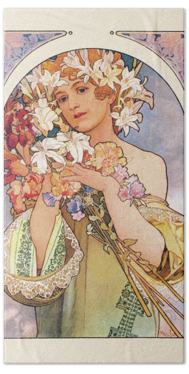 Woman Beach Towel featuring the painting Flower #2 by Alphonse Mucha