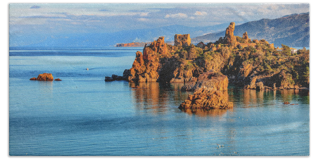 Estock Beach Towel featuring the digital art Italy, Sicily, Palermo District, Mediterranean Sea, Tyrrhenian Sea, Cefalu, Torre Caldura #2 by Antonino Bartuccio