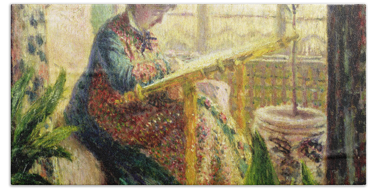 Interior Beach Towel featuring the painting Madame Monet Embroidering by Claude Monet