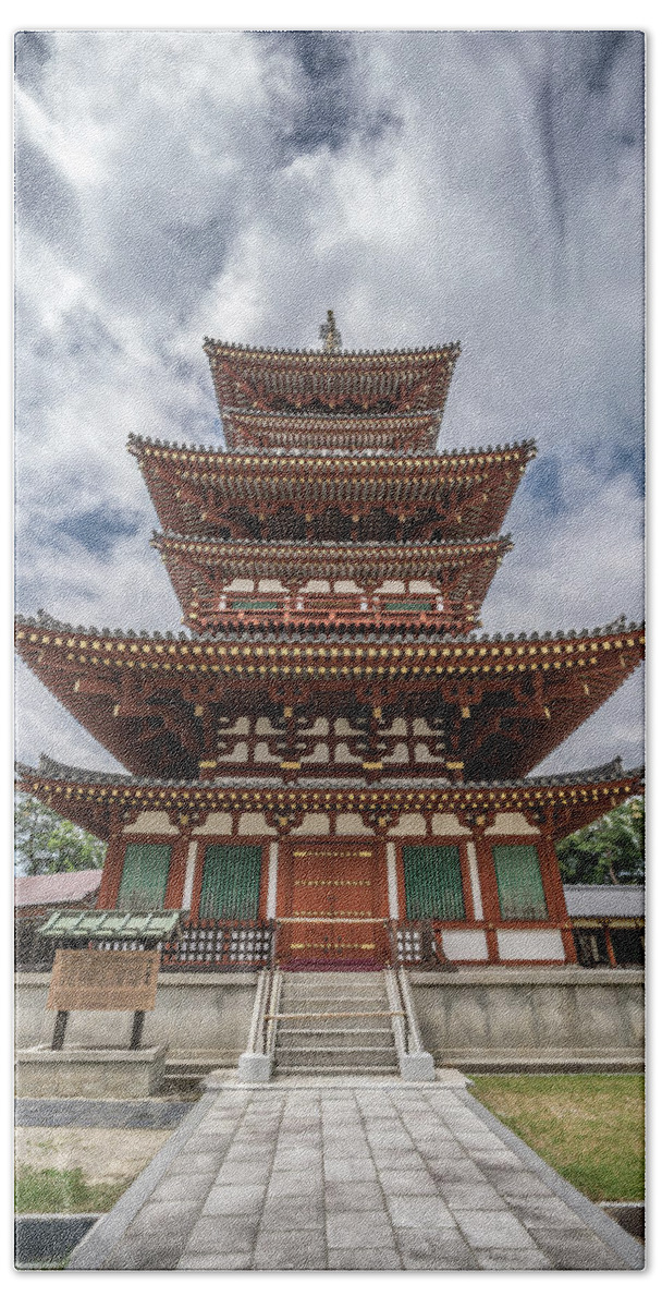 Ancient Beach Towel featuring the photograph Saito three-story pagoda at Yakushi-Ji temple. Nara, Japan #2 by Manuel Ascanio