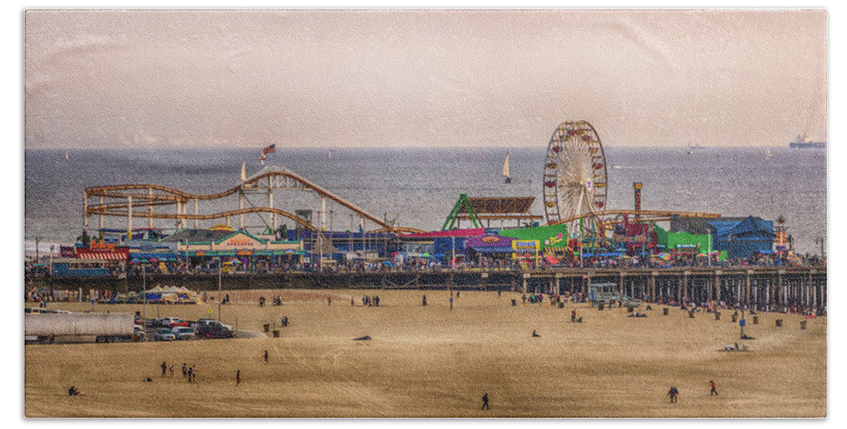 Santa Beach Towel featuring the photograph Santa Monica Pier On Pacific Coast At Sunset #2 by Alex Grichenko