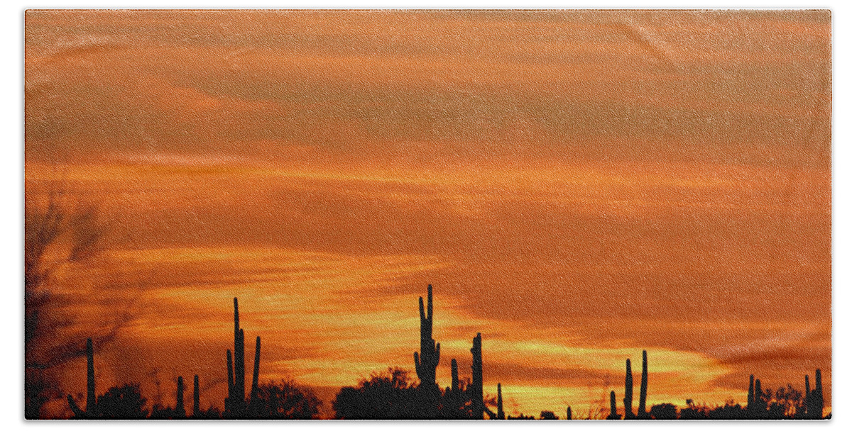 Arizona Saguaro Sunset Beach Towel featuring the digital art Arizona Saguaro Sunset #0229e by Tom Janca