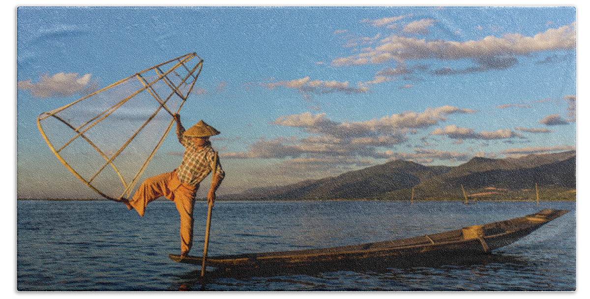Fisherman Beach Towel featuring the photograph Intha fisherman on Lake Inle in Myanmar #4 by Ann Moore