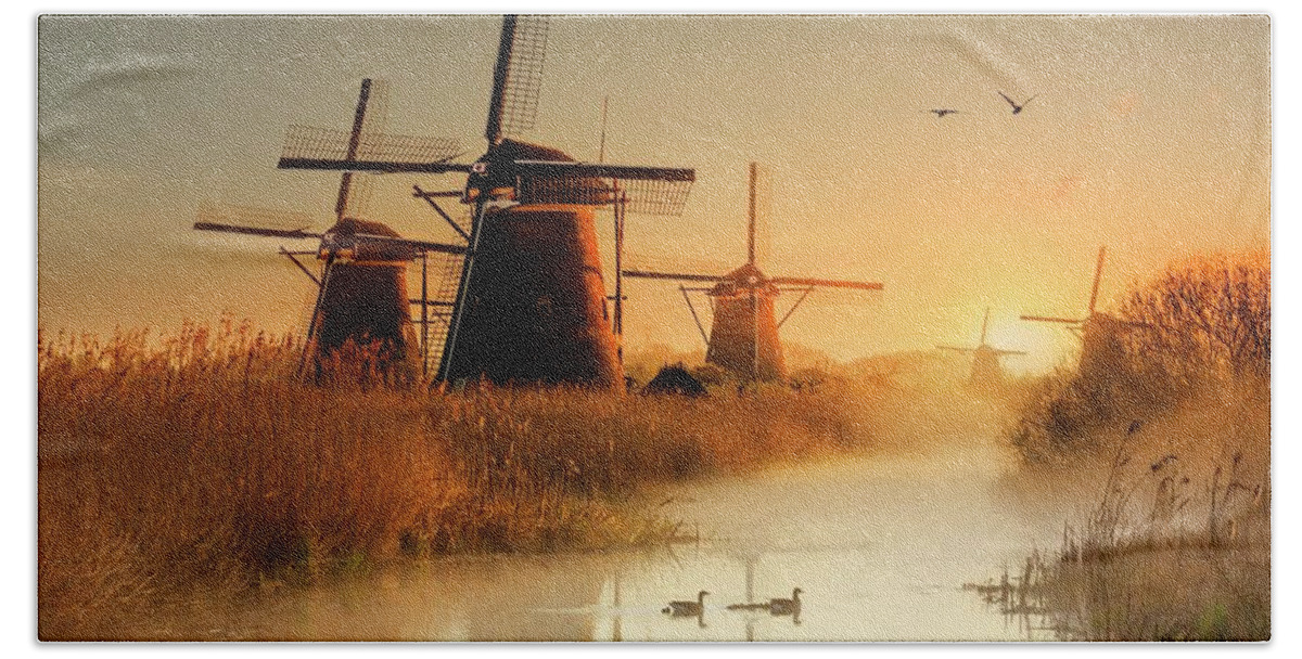 Estock Beach Towel featuring the digital art Netherlands, South Holland, Benelux, Kinderdijk, Kinderdijk Is A Collection Of 19 Authentic Windmills, Which Are Considered A Dutch Icon #3 by Maurizio Rellini