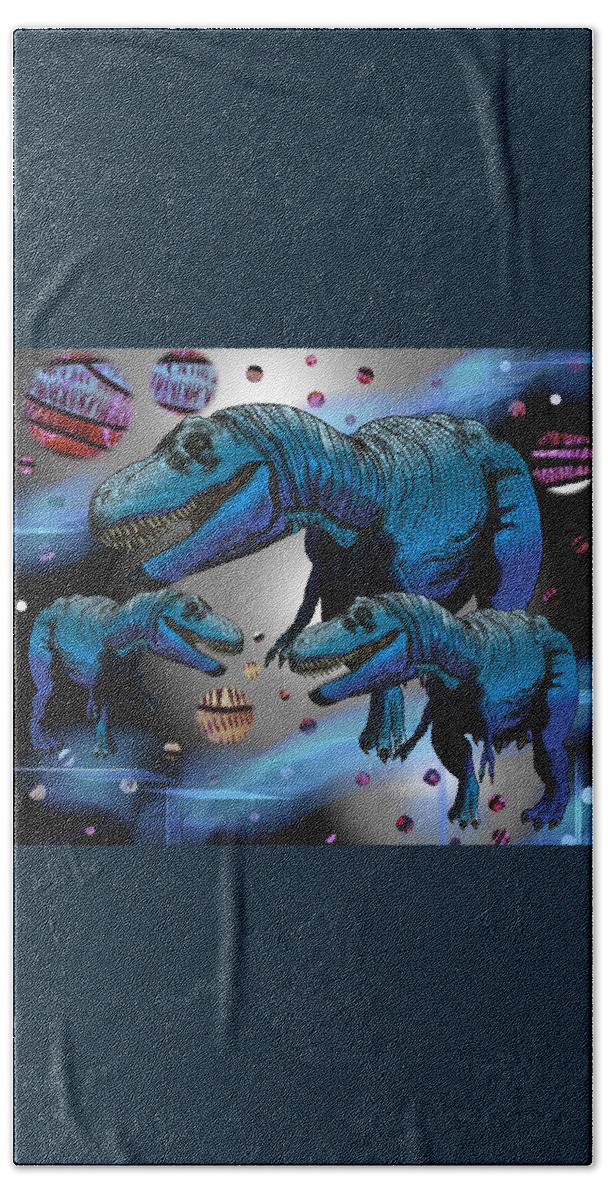 Dinosaurs Beach Towel featuring the drawing Tyrannosaurus Three Moons by Joan Stratton