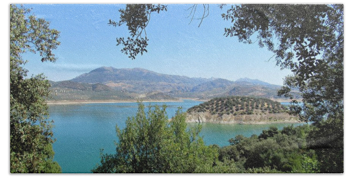 Cordoba Beach Towel featuring the photograph View on the lake near Iznajar #3 by Chani Demuijlder