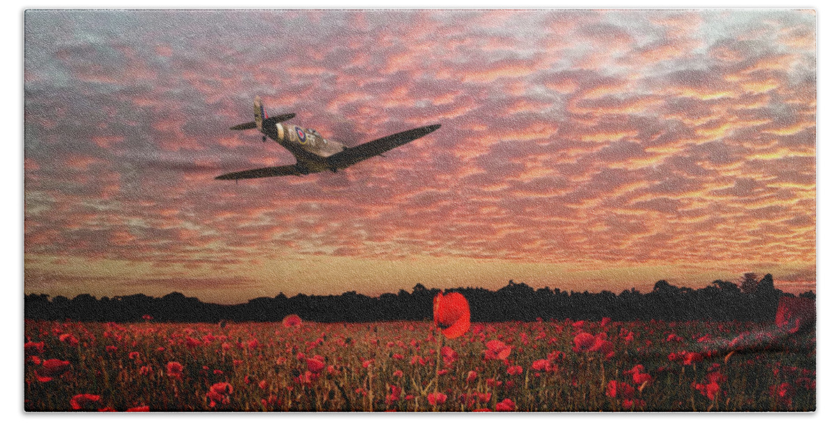 Spitfire Poppy Field Beach Towel featuring the digital art 303 Fighter Ace by Airpower Art