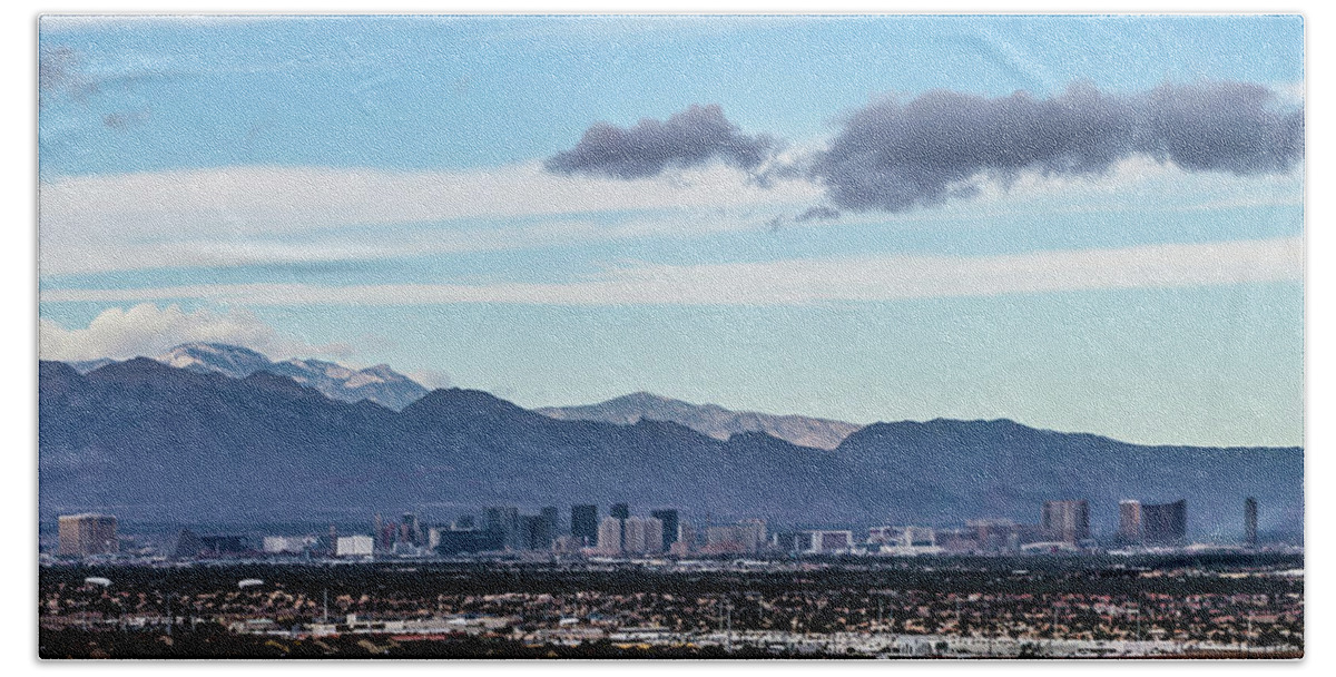 Strip Beach Sheet featuring the photograph Las vegas city surrounded by red rock mountains and valley of fi #5 by Alex Grichenko