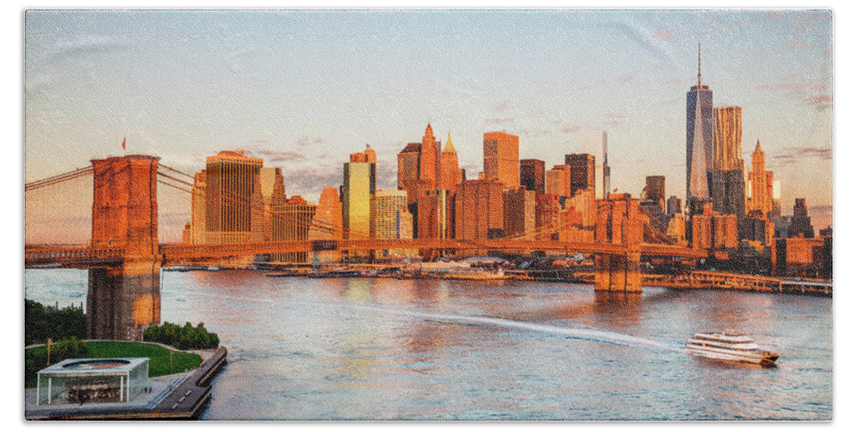 Estock Beach Towel featuring the digital art Brooklyn Bridge & Skyline, Nyc #6 by Antonino Bartuccio