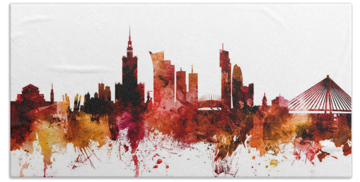 Warsaw Beach Towel featuring the digital art Warsaw Poland Skyline #6 by Michael Tompsett