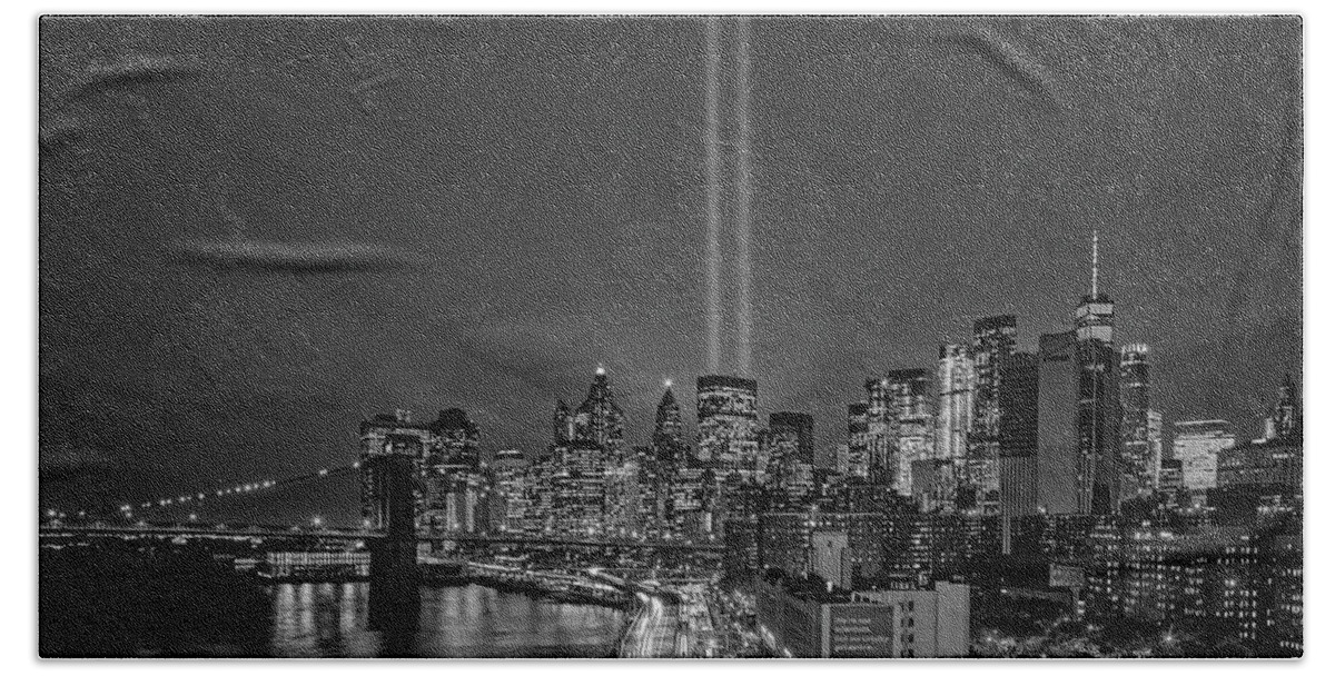 911 Memorial Beach Towel featuring the photograph 911 Tribute In Light In NYC BW by Susan Candelario