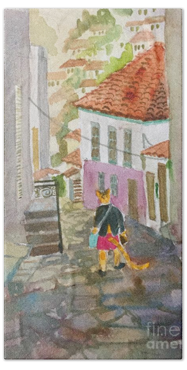 Cat Greek Islands Animals Fanciful Beach Towel featuring the painting A Cat Takes a Walk in Hydra by Diane Renchler