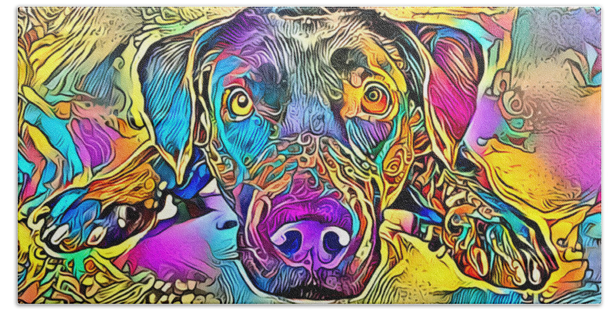 Dog Beach Towel featuring the digital art A dog lies in bright and colourful colours by Gina Koch