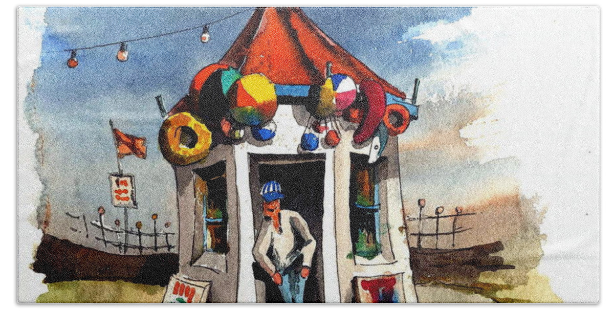 Seaside Beach Towel featuring the painting A kiosk of Baloons by Val Byrne