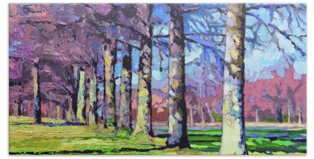 Trees Beach Sheet featuring the painting A Line of Pin Oaks by John Lautermilch