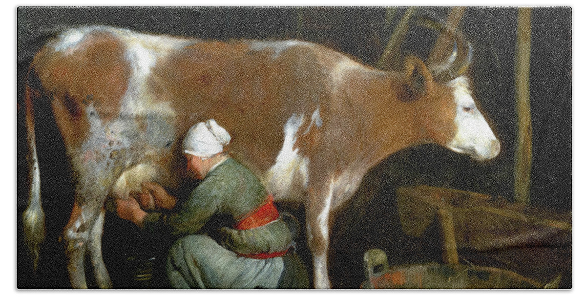 Gerard Ter Borch Beach Towel featuring the painting A Maid Milking a Cow in a Barn by Audrey Jeanne Roberts