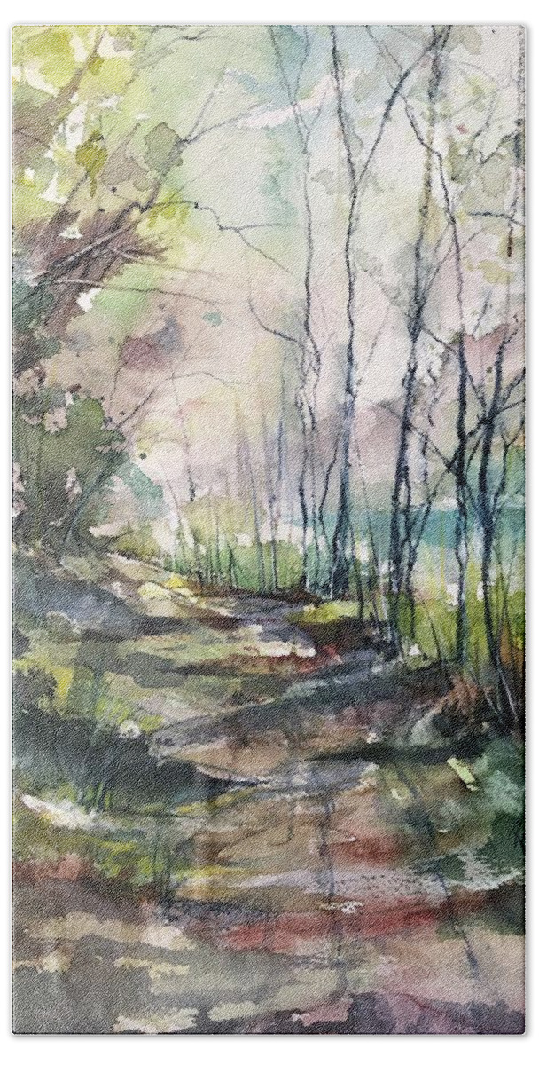 Watercolour Beach Towel featuring the painting A Road Less Traveled by Robin Miller-Bookhout