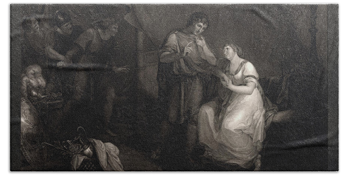 A Scene From Troilus And Cressid Beach Towel featuring the painting A Scene from Troilus and Cressid by Angelika Kauffmann and engraver Luigi Schiavonetti by Rolando Burbon
