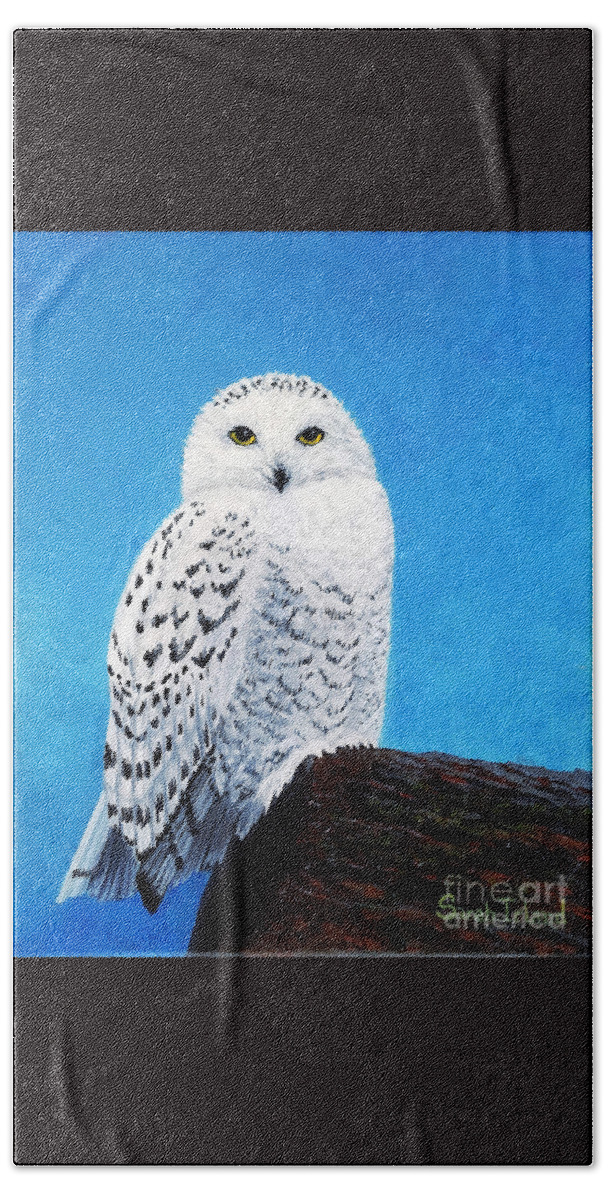 A Beach Towel featuring the painting A Snowy Owl for Magnus by Sarah Irland