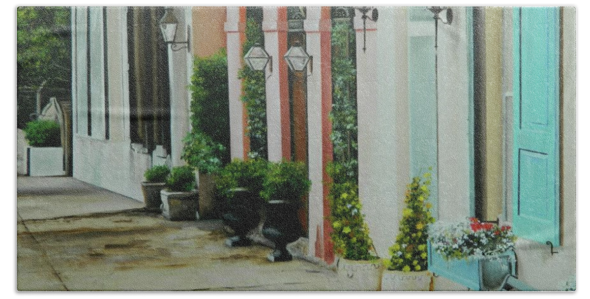 City Art Beach Towel featuring the painting A Visit To Charleston by Kenneth Harris