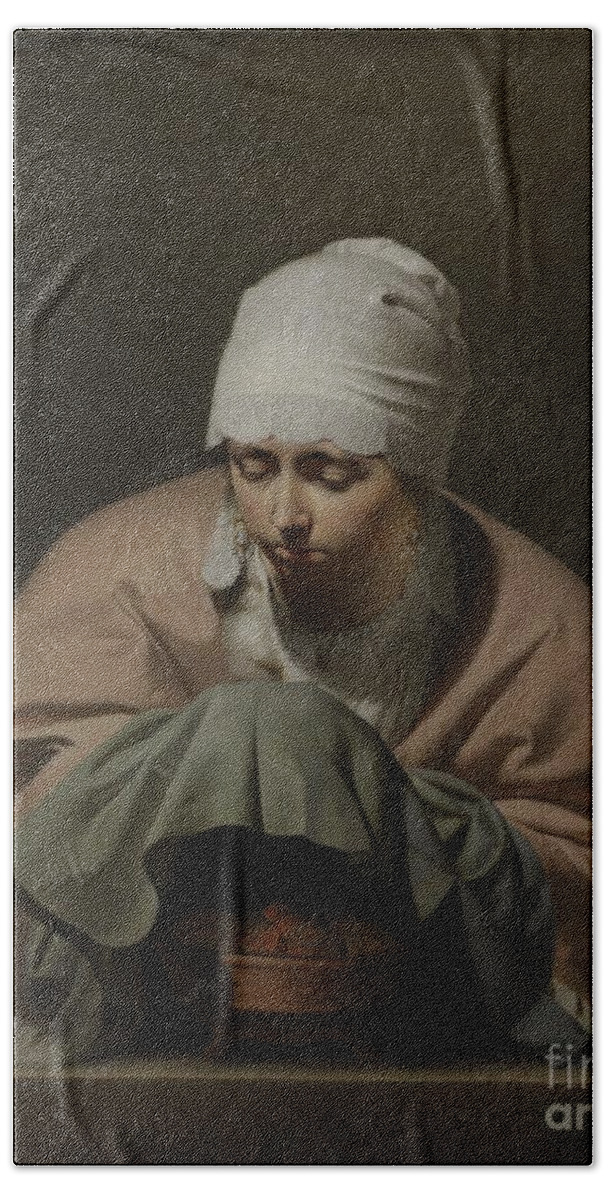 Cesar Boetius Van Everdingen Beach Towel featuring the painting A Young Woman Warming Her Hands Over A Brazier, An Allegory Of Winter, C.1644-8 (oil On Canvas) by Cesar Boetius Van Everdingen