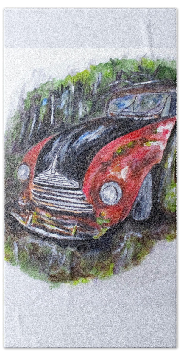 Vintage Cars Beach Towel featuring the painting Abandoned in Woods by Clyde J Kell