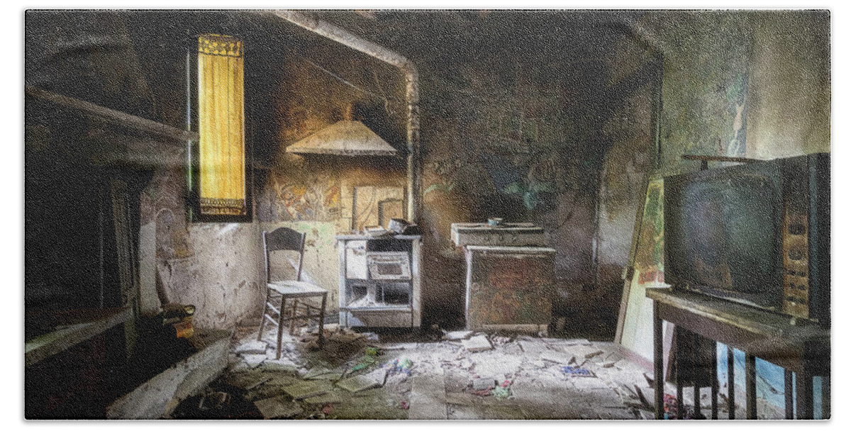 Urban Beach Towel featuring the photograph Abandoned Kitchen of an Artist by Roman Robroek