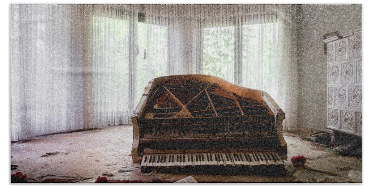 Urban Beach Towel featuring the photograph Abandoned Piano with Flowers by Roman Robroek