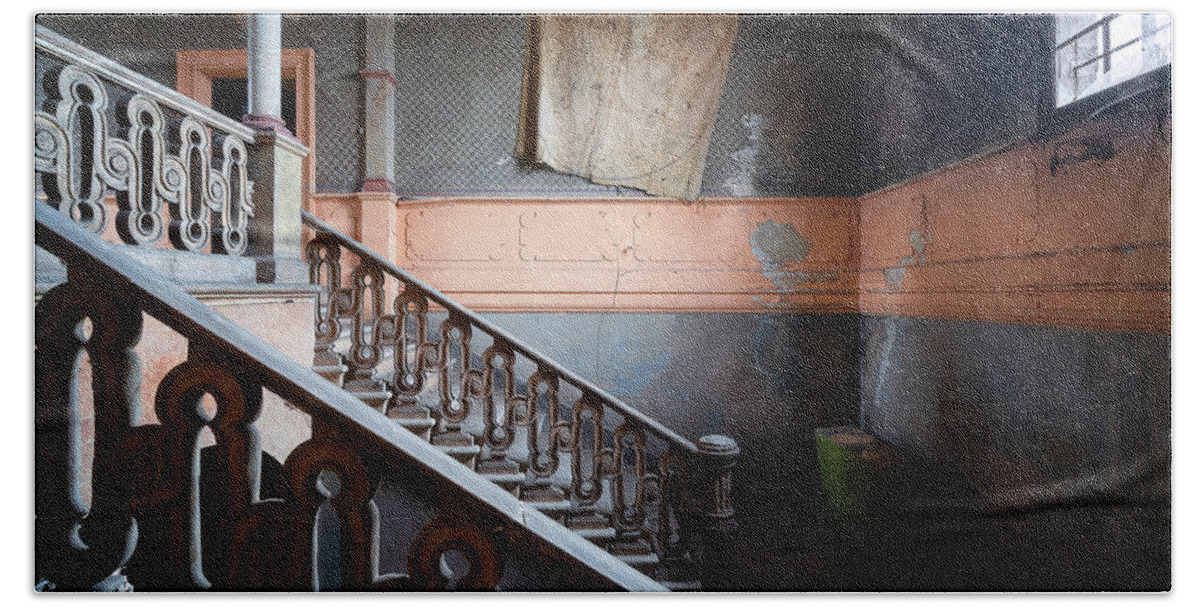 Urban Beach Towel featuring the photograph Abandoned Staircase with Map by Roman Robroek