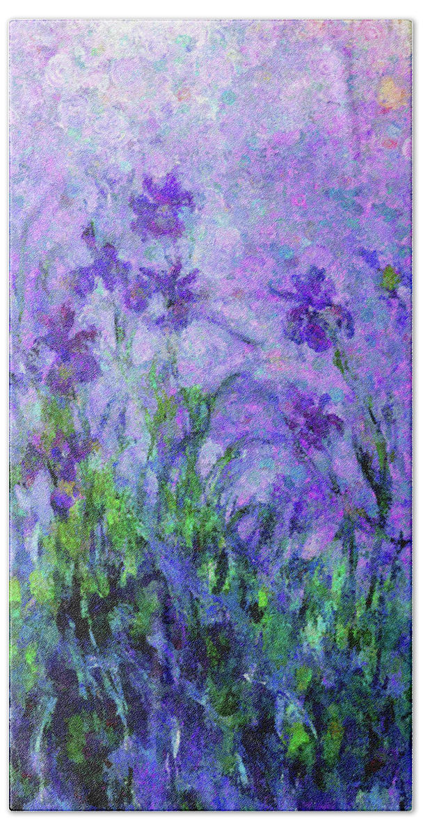 Field Of Iris Flowers Beach Towel featuring the mixed media Abstract Realism Field Of Iris In Spring by Georgiana Romanovna