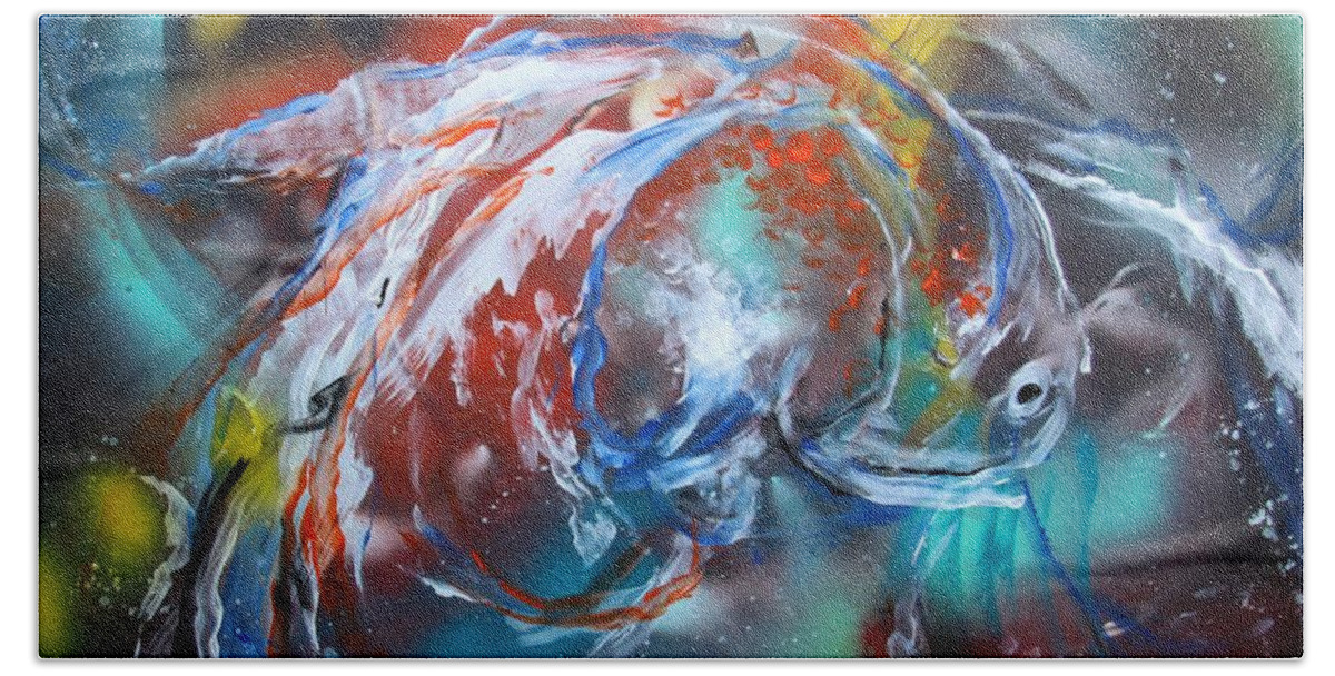 Fish Beach Towel featuring the painting Abstract White Tri Fantail Goldfish by J Vincent Scarpace