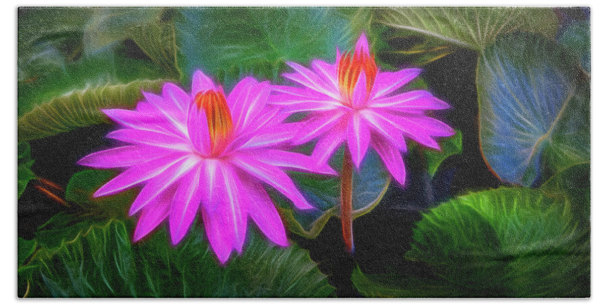 Water Lilies Beach Sheet featuring the digital art Abstracted Water Lilies by Endre Balogh
