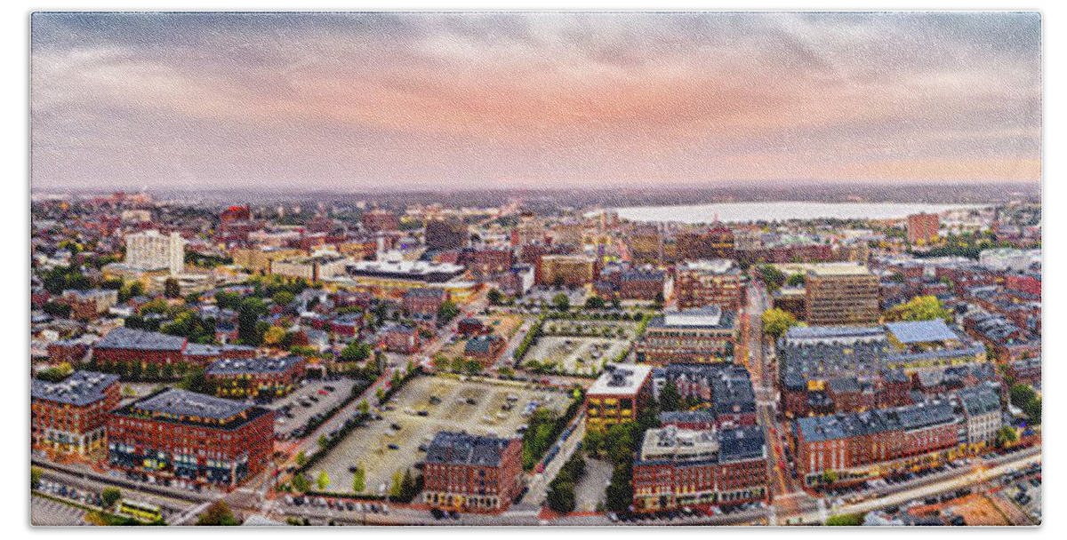 Portland Beach Sheet featuring the photograph Aerial panorama of downtown Portland, Maine by Mihai Andritoiu