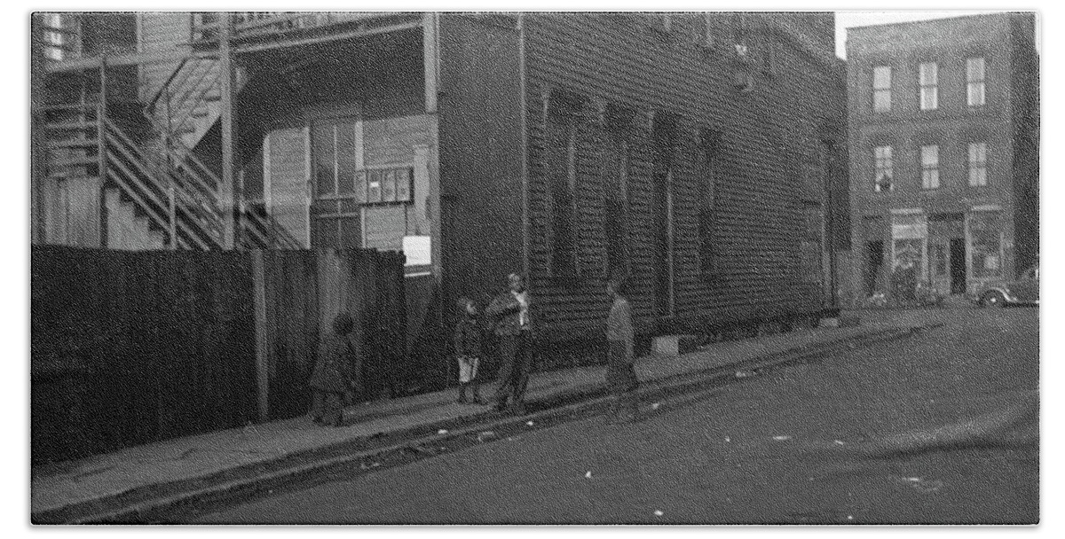 African Beach Towel featuring the painting African American Children Play on the Street in an Inner city neighborhood by 