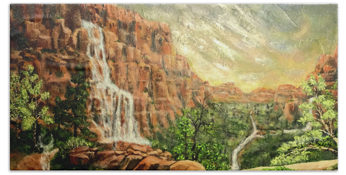After The Storm Beach Towel featuring the painting After the Storm Zion by Bonnie Marie