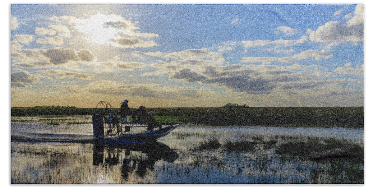 Airboat Beach Towel featuring the photograph Airboat at Sunset #660 by Michael Fryd