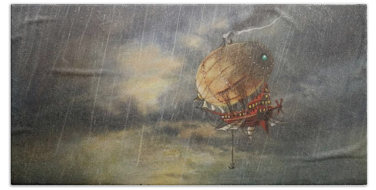 Steampunk Airship Beach Towel featuring the painting Airship In The Rain by Tom Shropshire