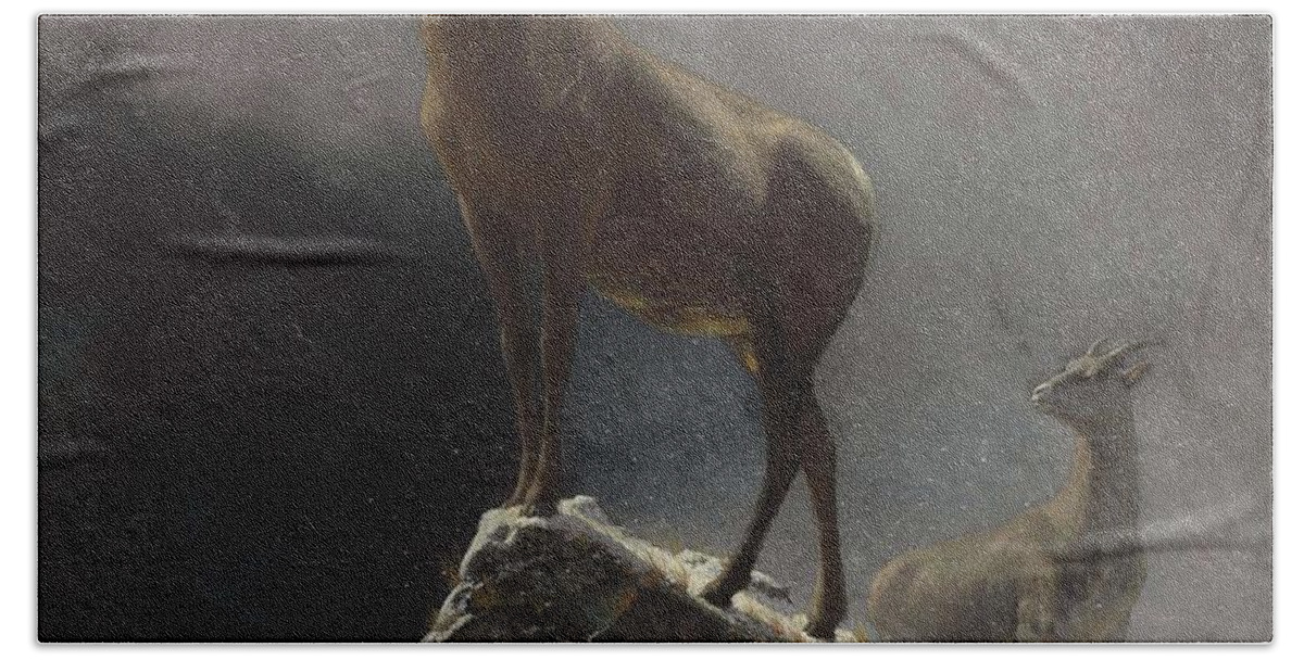 Sheep Beach Towel featuring the painting Albert_Bierstadt_-_Rocky_Mountain_Sheep_or_Big_Horn,_Ovis,_Montana by Albert Bierstadt