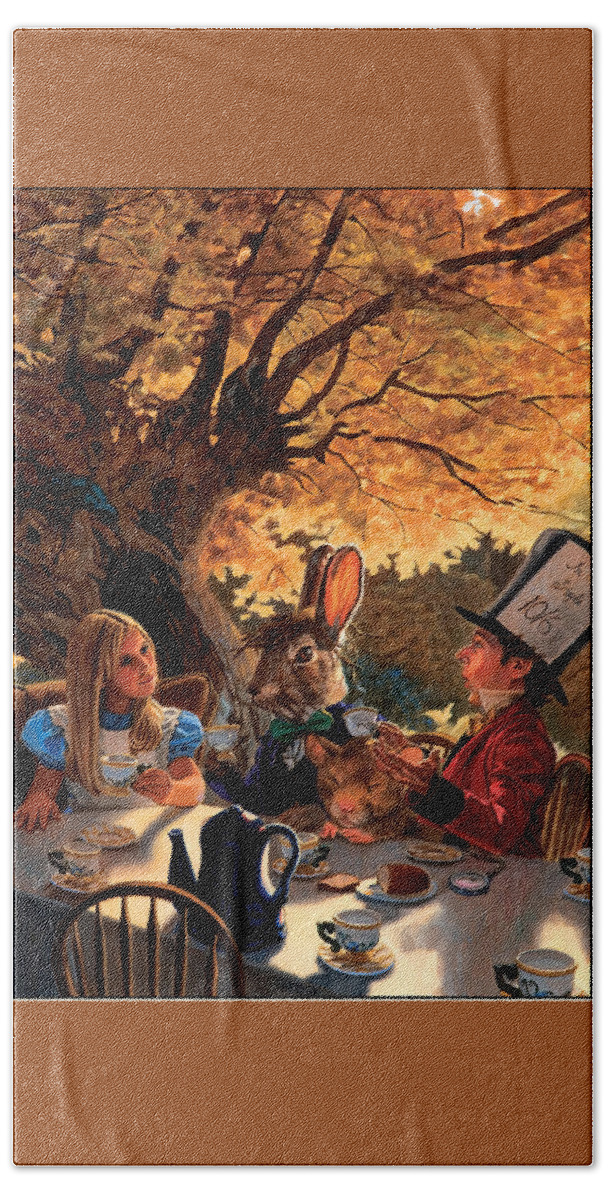 Alice's Adventures In Wonderland Beach Towel featuring the painting Alice in Wonderland by Patrick Whelan