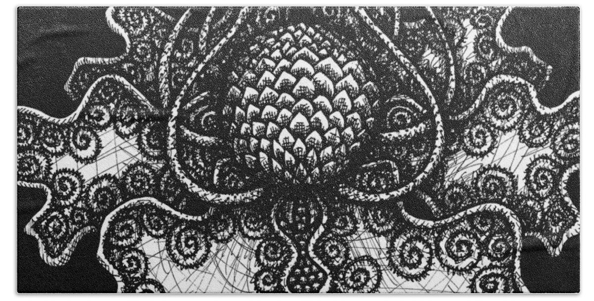 Boho Beach Towel featuring the drawing Alien Bloom 18 Black and White by Amy E Fraser