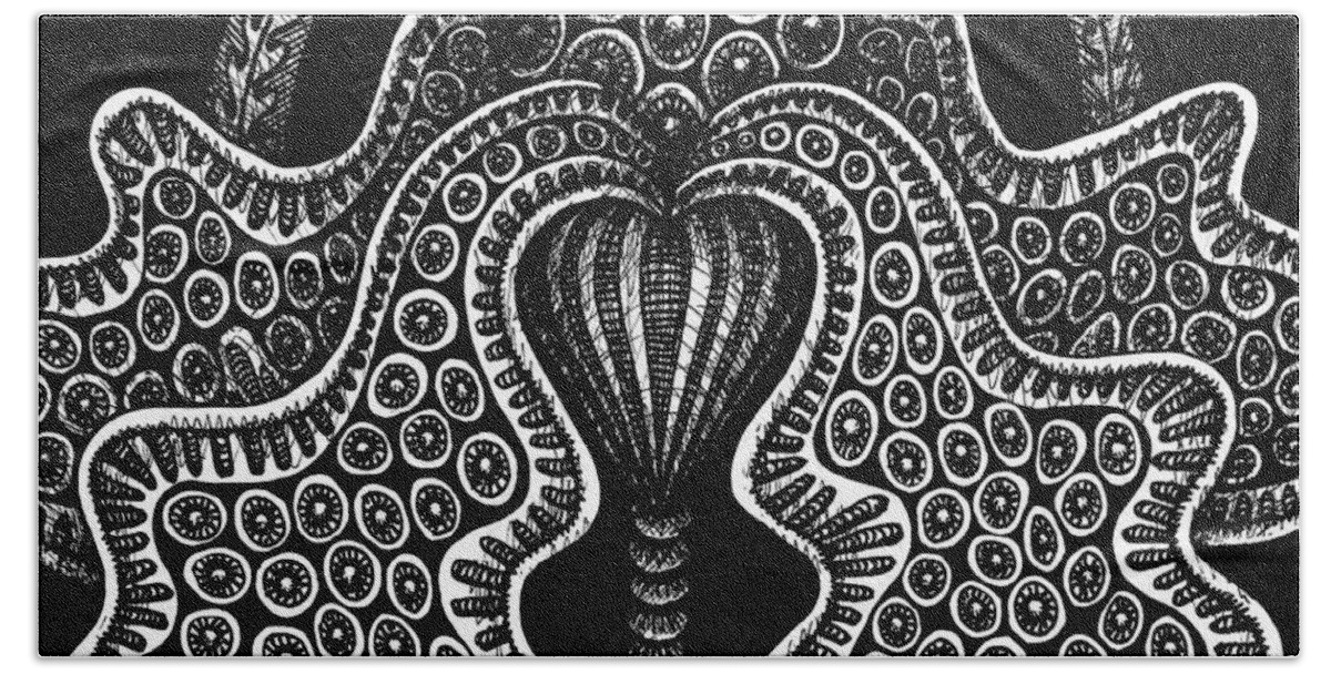 Boho Beach Towel featuring the drawing Alien Bloom 23 Black and White by Amy E Fraser