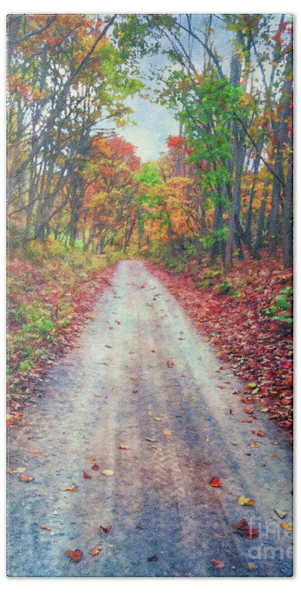 Autumn Beach Towel featuring the photograph Along The Road to Autumn by Kerri Farley