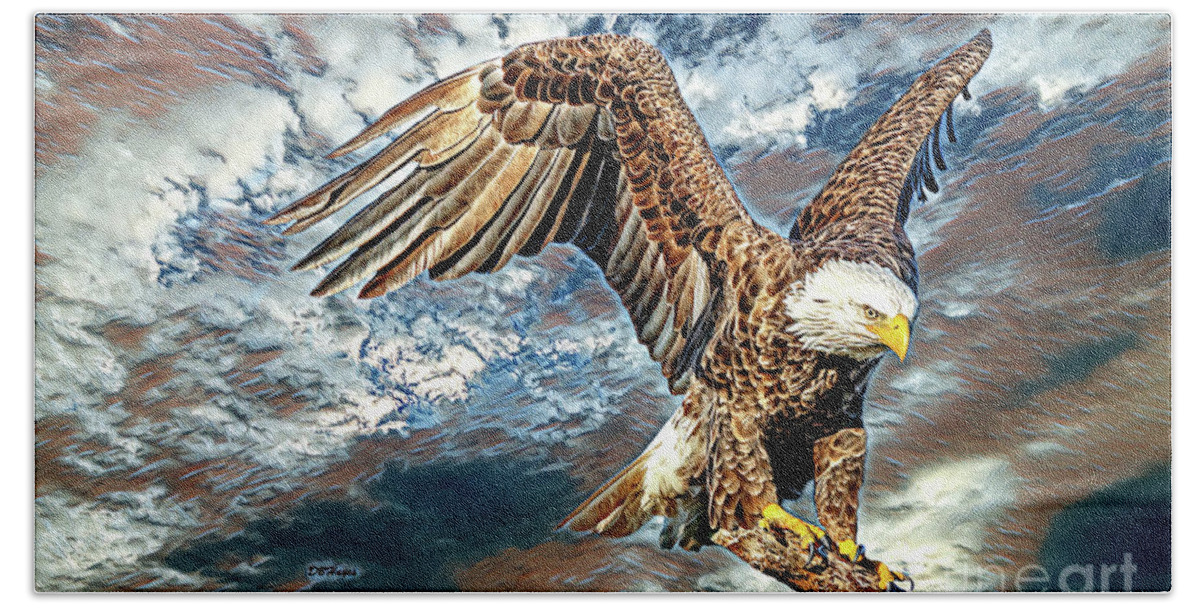 Birds Beach Towel featuring the mixed media American Bald Eagle Artistry by DB Hayes