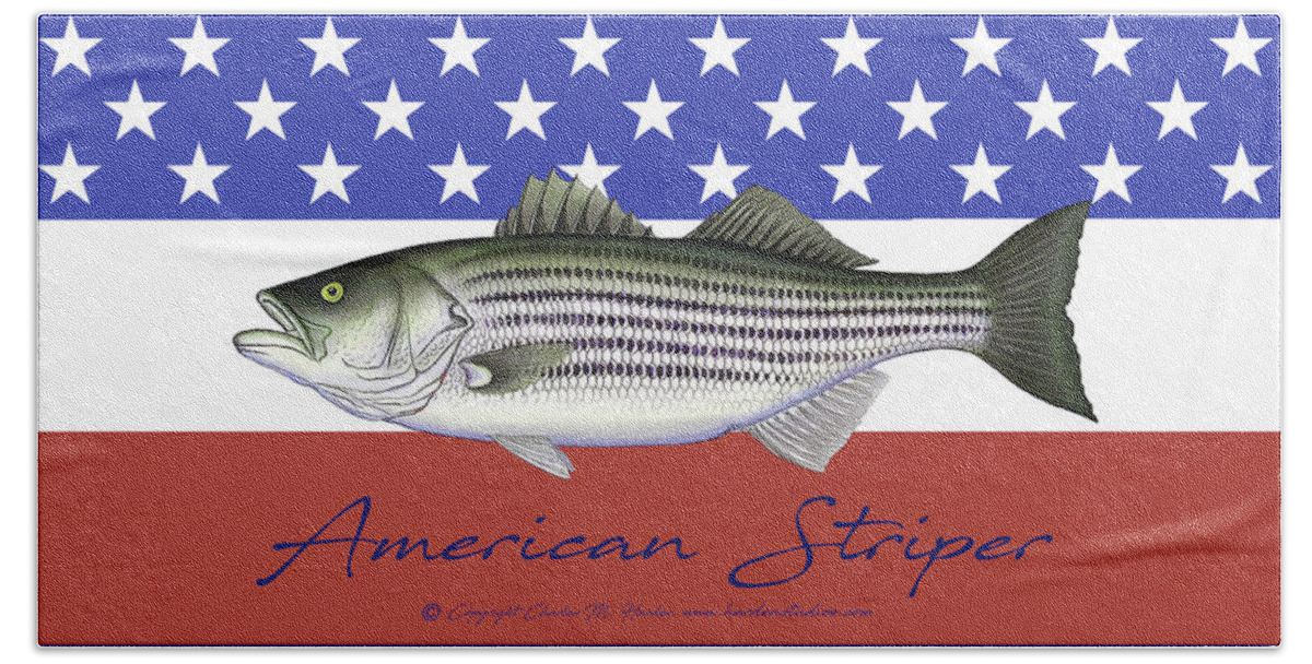 Charles Harden Beach Towel featuring the mixed media American Striper Patriotic Striped Bass by Charles Harden